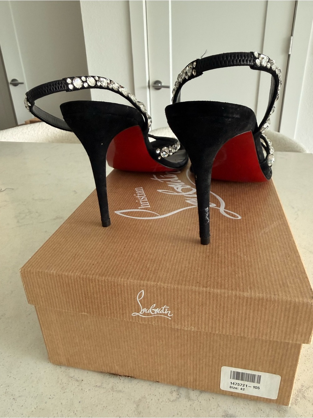 Christian Louboutin Emilie Black Crystal-Strap Evening Heels - Picture 4 of 5